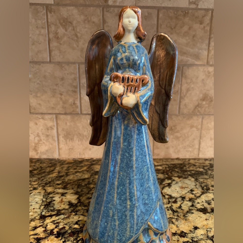 Vintage Stoneware Angel Dressed in Blue Holding Harp